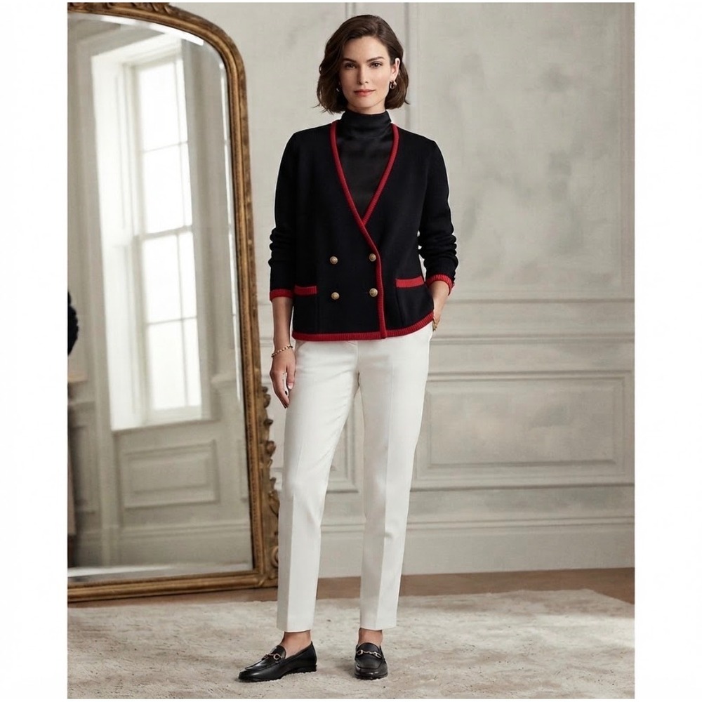 Vintage Robert Scott Ltd Cardigan Womens 38 Black Red Wool Gold Button Preppy